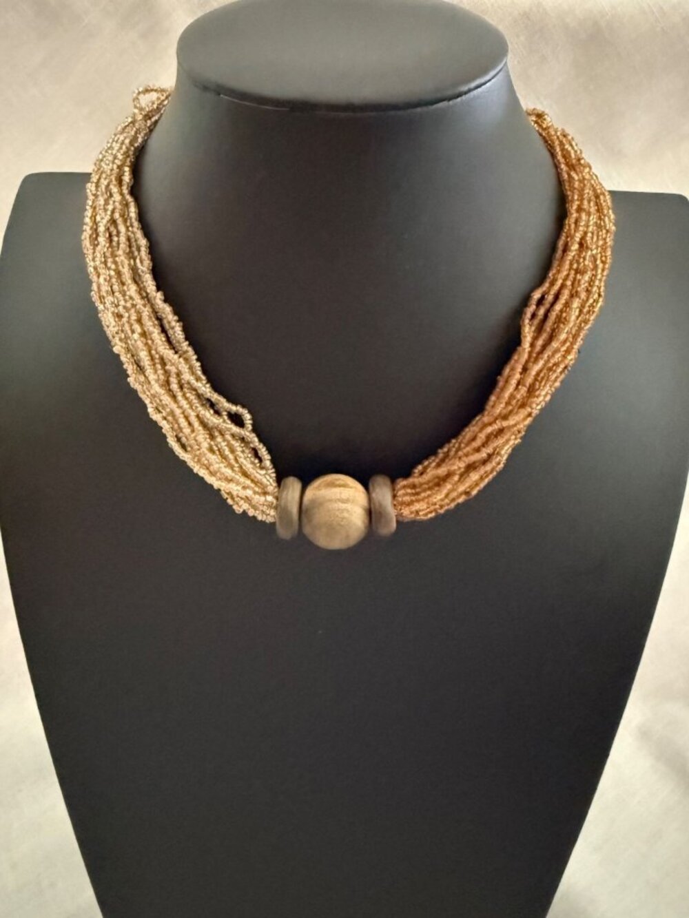 Boho Multi Strand Beaded Necklace 17 Inch Signed JOIA Wood Bead Earthy Brown